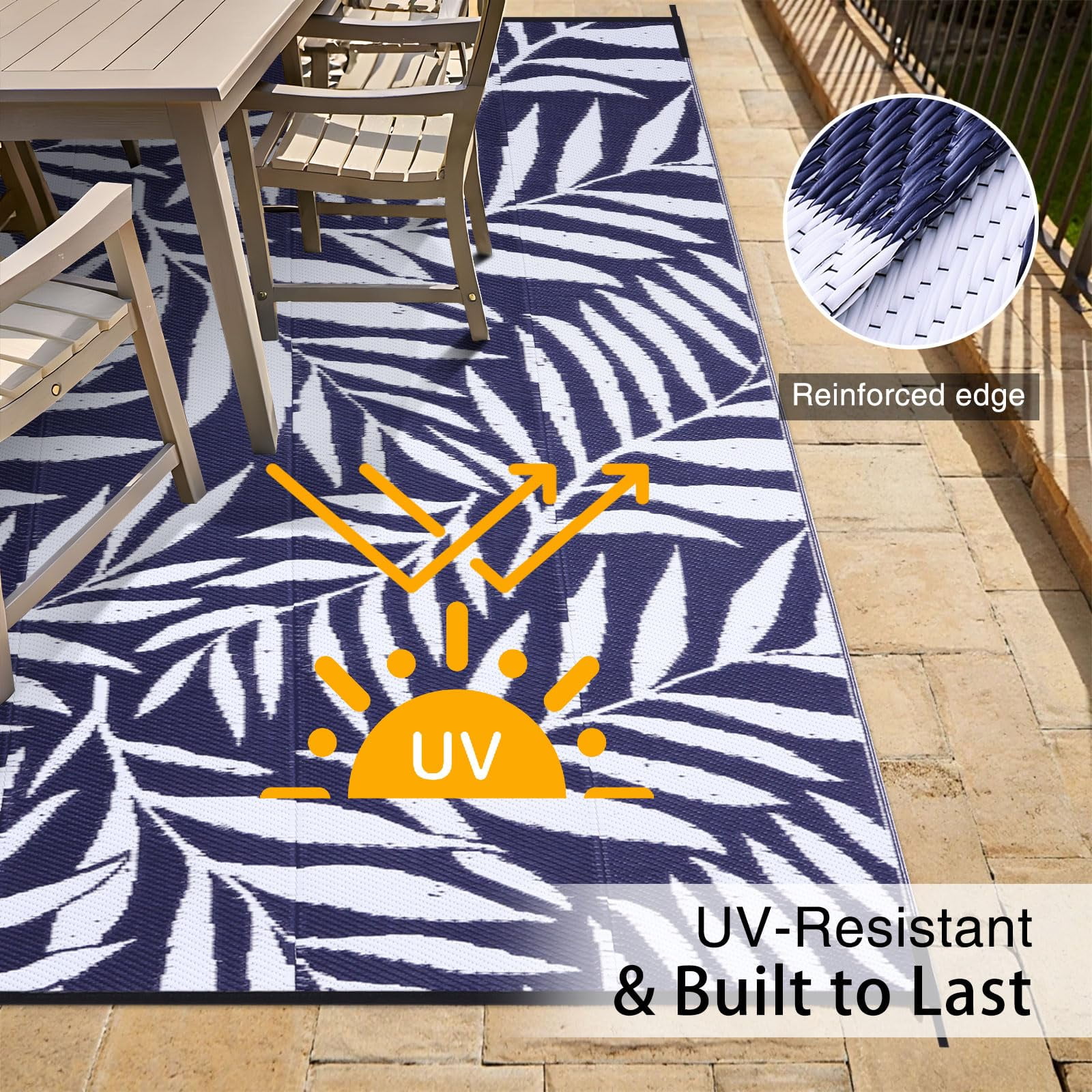 Smiry Outdoor Rugs 5x8, Waterproof Plastic Straw Indoor Outdoor Mat for Patio, RV Camping, Deck,Porch, Navy & White