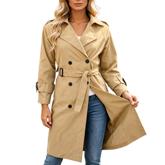 Kezqiaxn Lightweight Jacket Women Button Down Long Sleeve Fall Casual Long Outwear Collared Trench Coat with Pockets Khaki L