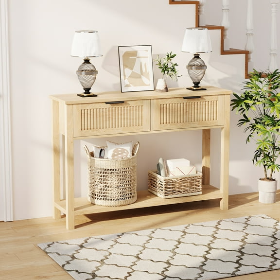 Fluted Wood Console Table with 2 Drawers for Behind Couch, Entryway or Hallway