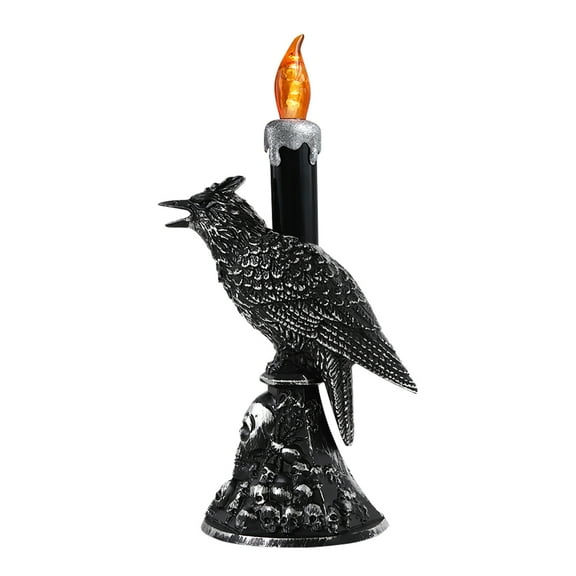Halloween Flameless Candles, Black Crow Skull Candlestick, Gothic Glowing Light Flickering Candle Holder Halloween Table Lamp Scary Ornaments Home Decorations