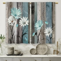 Teal Farmhouse Daisy Kitchen Curtains Wooden Flower Small Short Cafe Window Curtains Rustic Floral Butterfly Country Bathroom Drapes Treatment Tier Curtains 2 Panels (27.5x39 Inch)