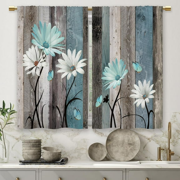 Teal Farmhouse Daisy Kitchen Curtains Wooden Flower Small Short Cafe Window Curtains Rustic Floral Butterfly Country Bathroom Drapes Treatment Tier Curtains 2 Panels (27.5x39 Inch)