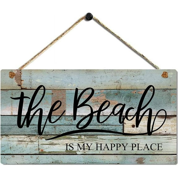 Wood Sign 5x10 Inch Vintage Beach Wood Signs The Beach Is My Happy Place Wooden Hanging Sign Plank Plaque Wall Art Decor Front Door Porch Bedroom Garden Bar Pub Bathroom Hotel Gift For Women Men