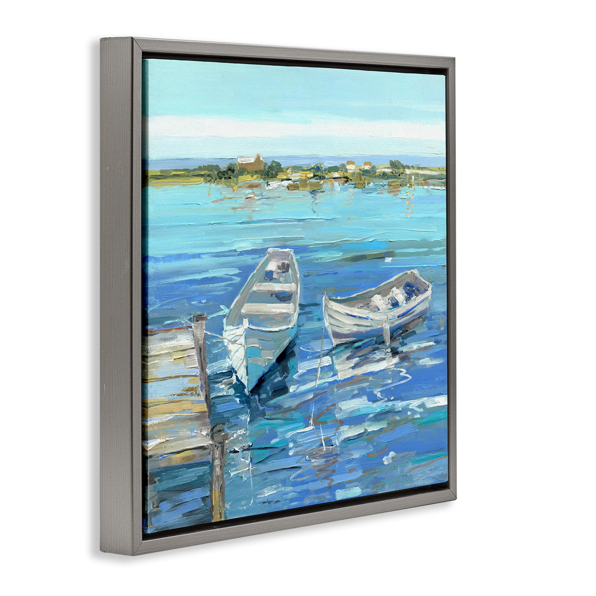 Stupell Industries Serene Rowboats at Dock Nature Painting Gray Floater Framed Canvas Art Print Wall Art, 25 x 25