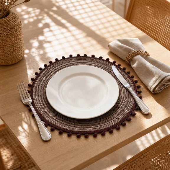 Aaihamo Round Braided Placemat, Round Heat Resistant Mat with Pompom Tassel, Durable Non-Slip Place Mat for Dining Table Restaurant Decor