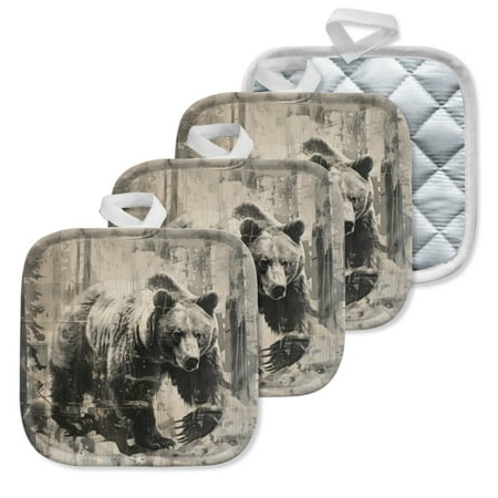 

4 Pack Pot Holders Kitchen Essential Potholder Set Brown Bear In A Monochromatic Snowy Forest