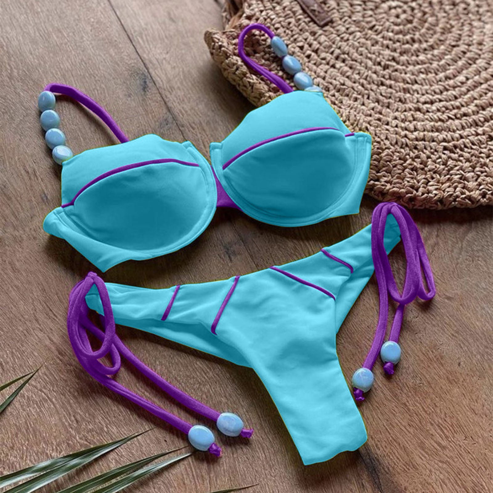 Aayomet Women's 2 Piece Color Block Bikini Set Wireless Swimsuit High Waist  Bathing Suit plus,Dark Blue L