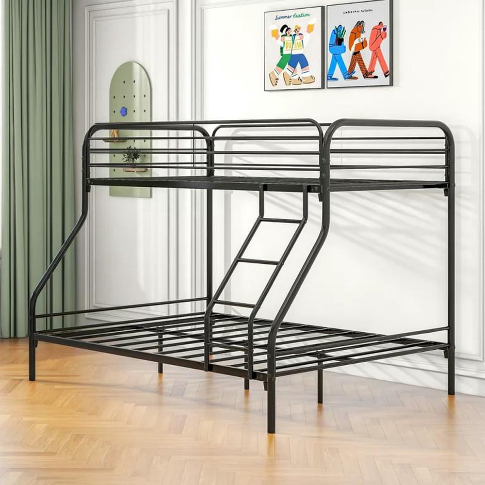 Gewnee Twin over Full Bunk Bed, Metal Bed Frame with Ladder&Safety Guardrail for Kids Teens,Black