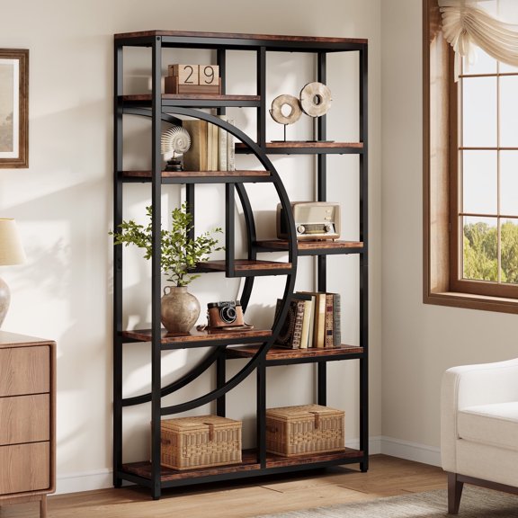 Fnova 68.8" 9 - Tier Industrial Bookshelf, Rustic Metal - Wood Storage Rack for Living Room/Office/Kitchen, Freestanding Tall Compact Corner Organizer