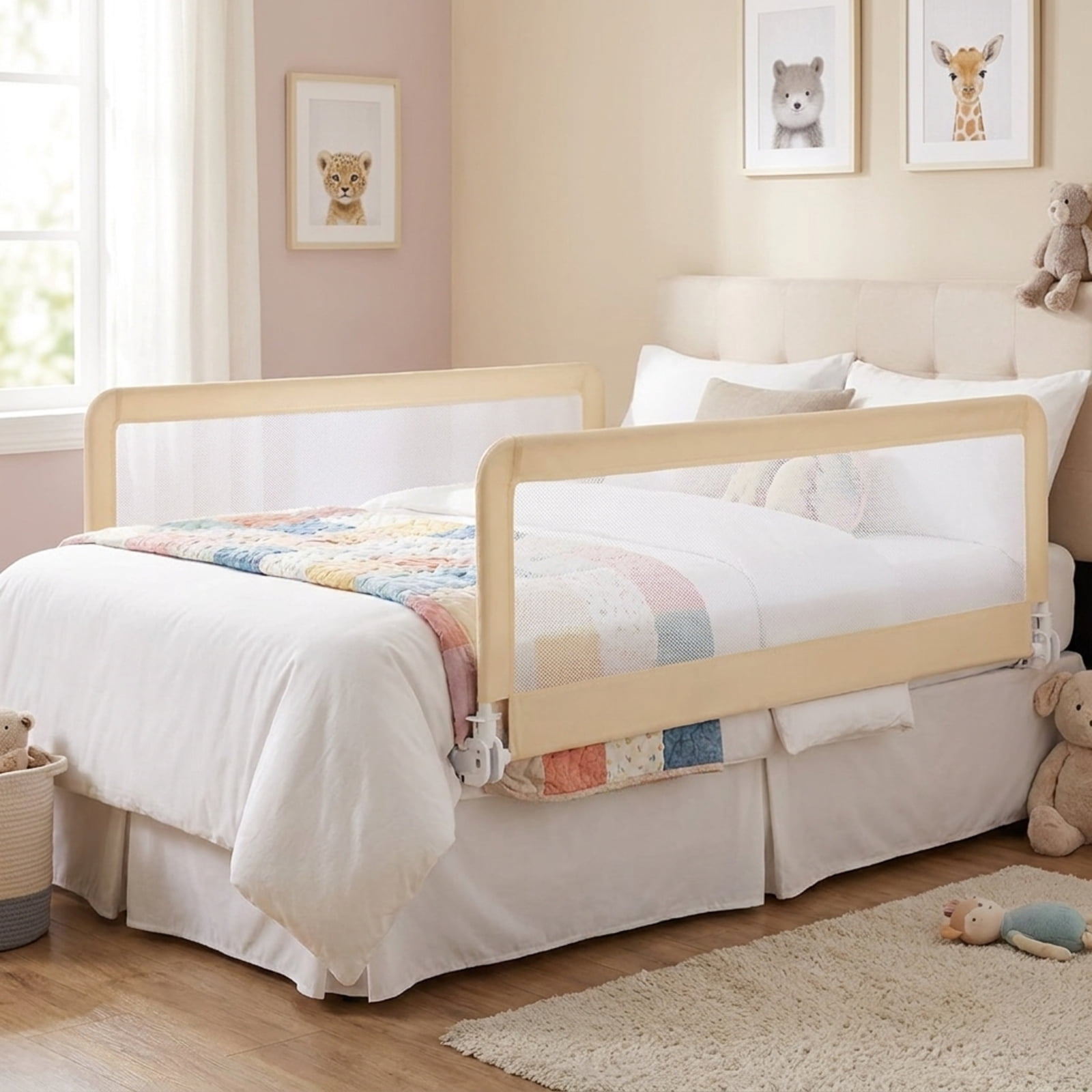 SUGIFT 59 Inch Folding Breathable Bed Side Rails Guard with Swing Down Design Mesh Panel Safety Strap Metal Crossbar and Washable Cover for Bedside Protection, Beige