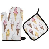 Yayeee Oven Mitts and Pot Holder Set of 2 Heat Resistant Kitchen Gloves Baking Hot Pad, Ice Cream Pattern