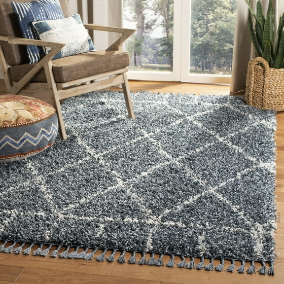 SAFAVIEH Pro Lux Ivy Geometric Fringe Shag Area Rug, Cream/Blue, 5' x 8'