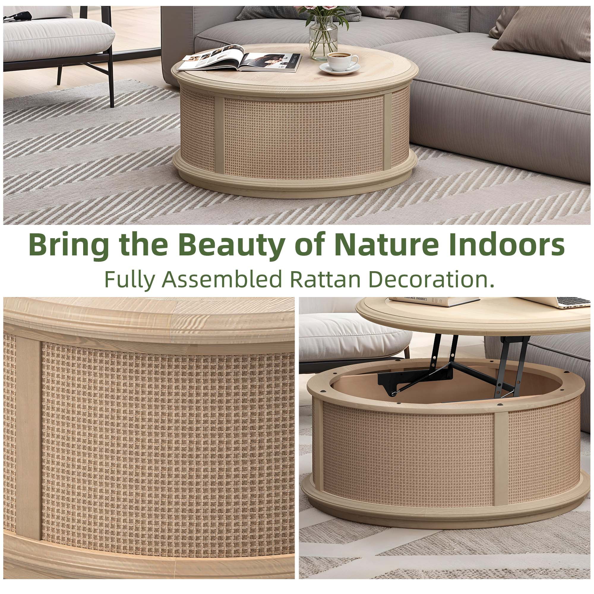 Uforic Round Rattan Drum Coffee Table with Lifting Top