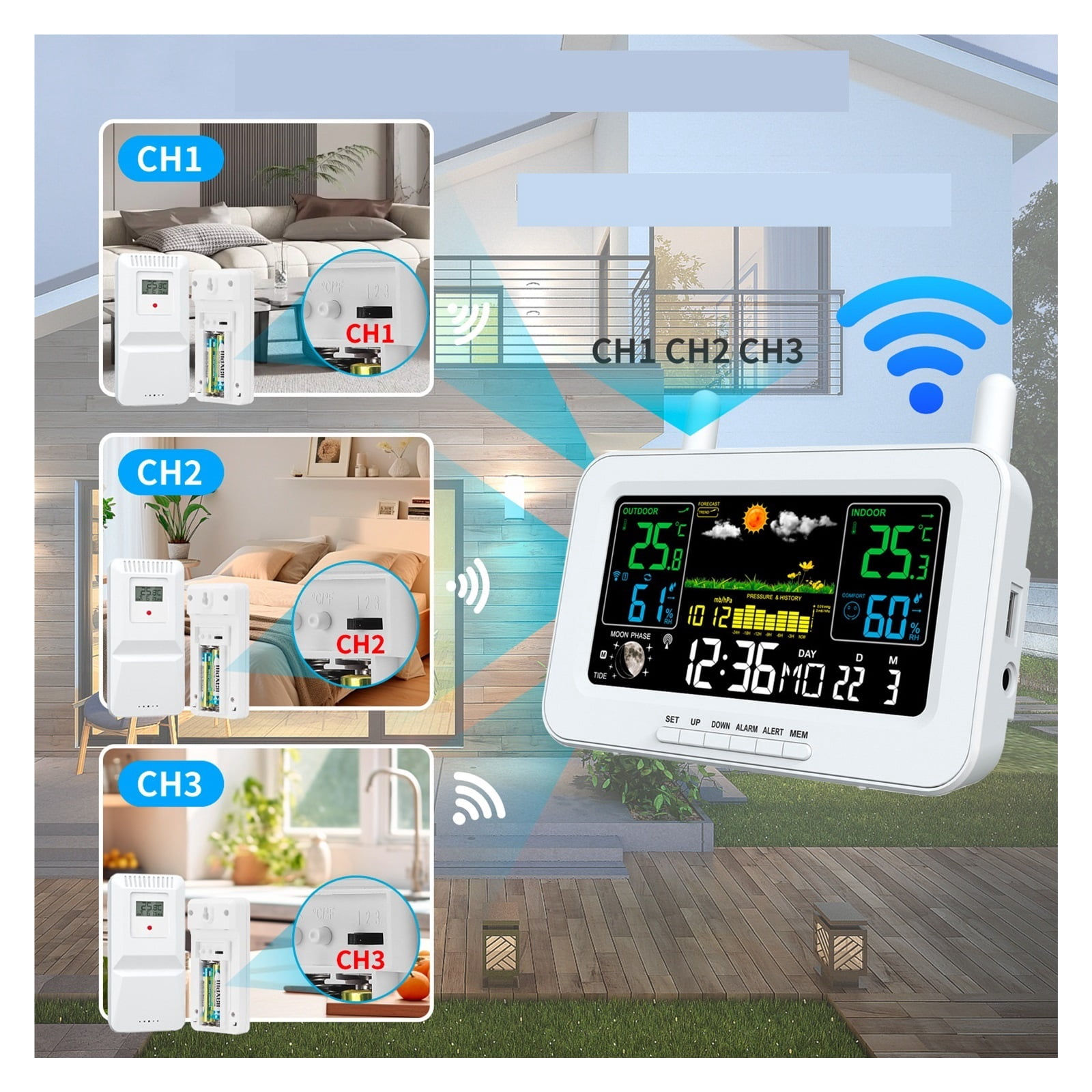 Wireless Indoor Outdoor Weather Station with USB Charging, Color Screen, Temperature Humidit - BLACK