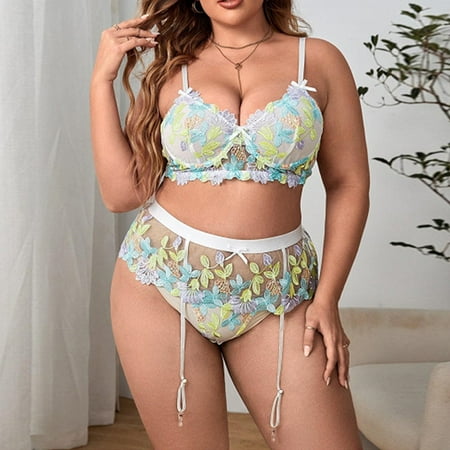 

Plus Size Women Sexy Lace Lingerie Bra G-String Underwear Set Sleepwear 3Pcs/Set