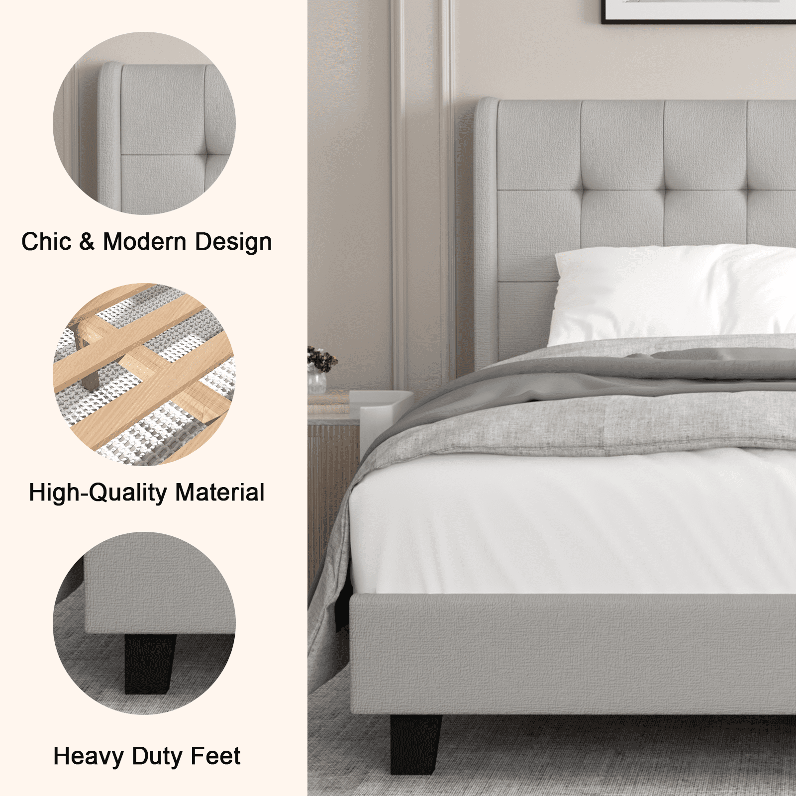 Nathaniel Home, Cotton Linen Beds, Queen Beds Frame, Tufted Upholstered Bed with Wingback, Low Profile Platform Beds, Strong Wooden Slats, Gray Adult