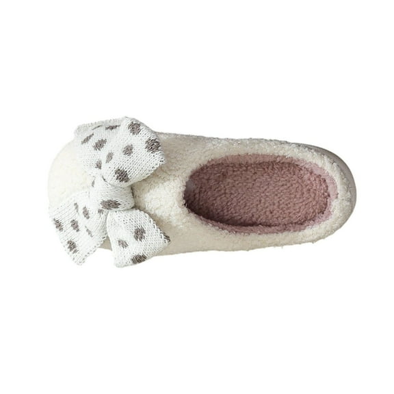 Xfvqtps Women Fluffy Slippers Polka Dot Bow Versatile Cute Indoor Home Funny Winter Non-Slip Thick Sole Plush Slippers White