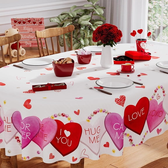 Valentines Tablecloth Oval 60x84 Inch, Washable Red Pink Love Hearts Valentines Day Tablecloth Waterproof Dining Table Cloth Sweet Home Party Decorations