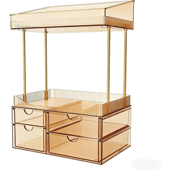 PrimeCook Shop 4 Drawers Makeup Organizer - 4 Tier Makeup Storage,Cosmetics Organiser, Ideal for Cosmetic, 4 Dividers with Drawers for Countertop, Bathroom, Office Supplies, Dresser Transparent Tawny