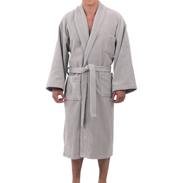 Alpine Swiss Pure Cotton Men Terry Cloth Bathrobe in grey, featuring a shawl collar, wide sleeves, and an adjustable belt. Designed with two roomy front hip pockets and a smaller chest pocket for convenience. Made from absorbent 100% cotton terry interior and velour outer for luxurious comfort and durability, ideal for use as a hotel spa robe.