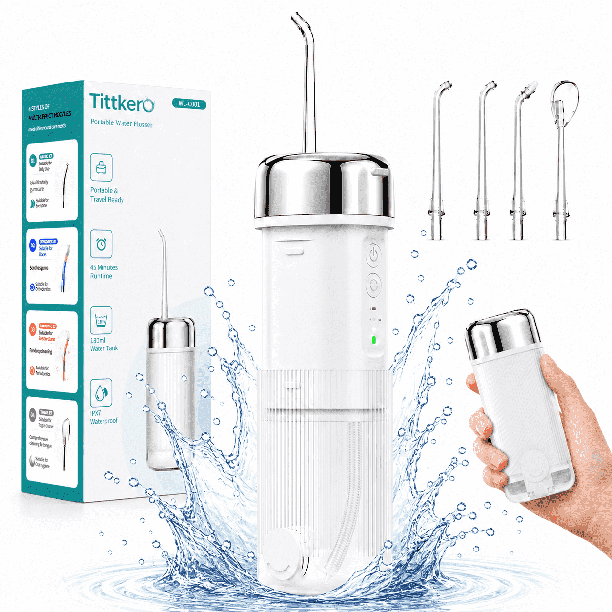 Water Flosser for Teeth, Mini Cordless Oral Irrigator with 4 Pressure Modes, Portable Water Flosser, IPX7 Waterproof, Collapsible 180ml Tank, Long Battery Life, 4 Jet Tips for Home Travel