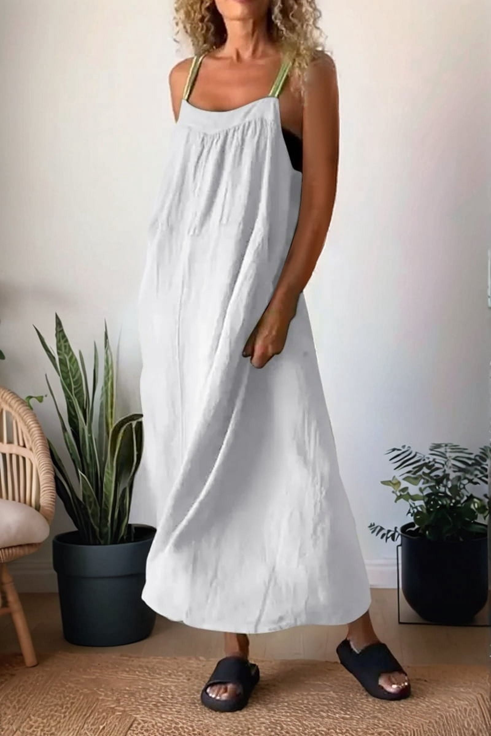 spaghetti strap maxi dress cotton WULMLEO Womens Cotton Linen Spaghetti Strap Maxi Dresses Trendy Summer Backless Sleeveless Loose Flowy Vacation Dress Wine 4XL