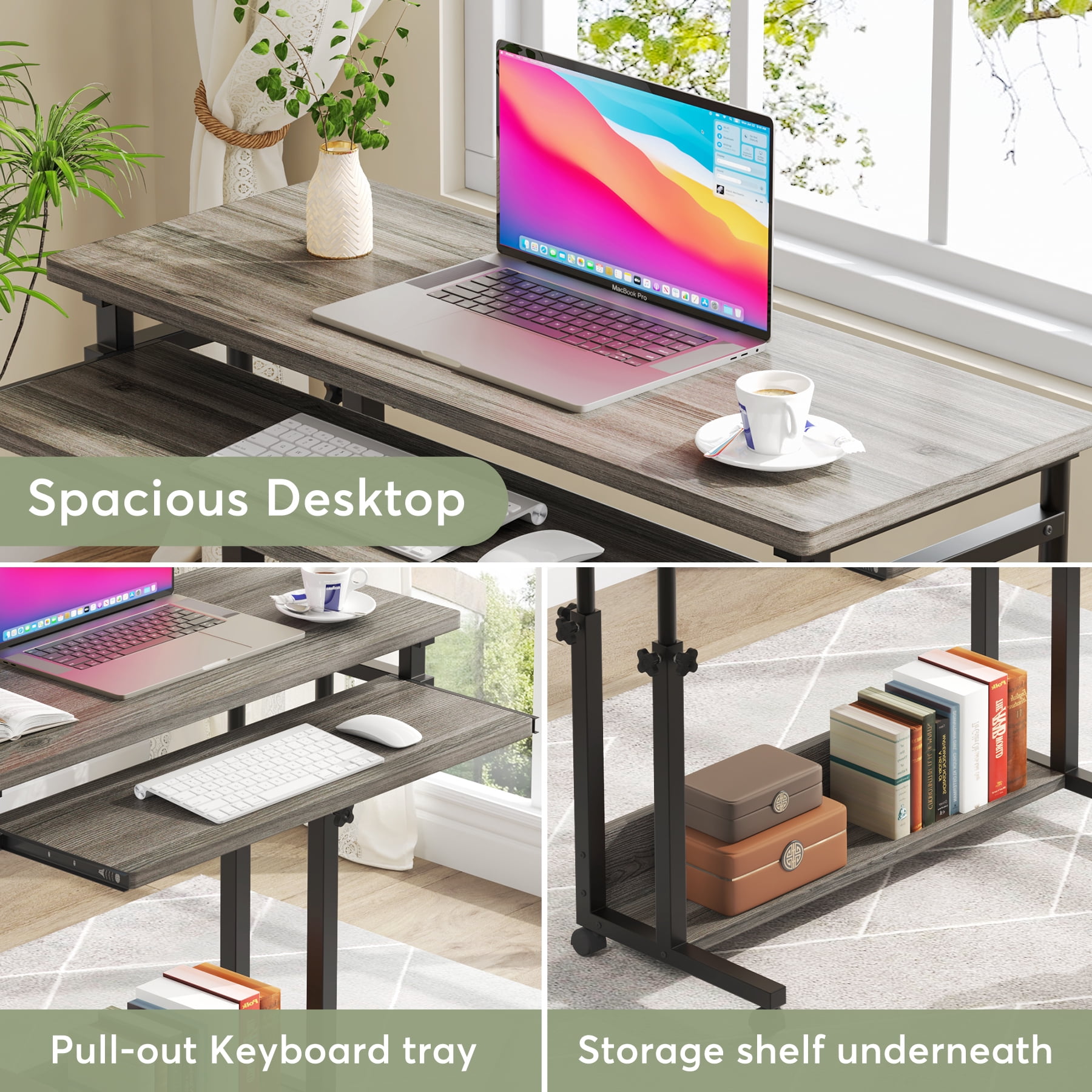 Fnova Height-Adjustable Desk with Wheels, Rolling Computer Cart with Keyboard Tray, Portable Laptop Small Standing Desk for Sofa, Bed, Home Office