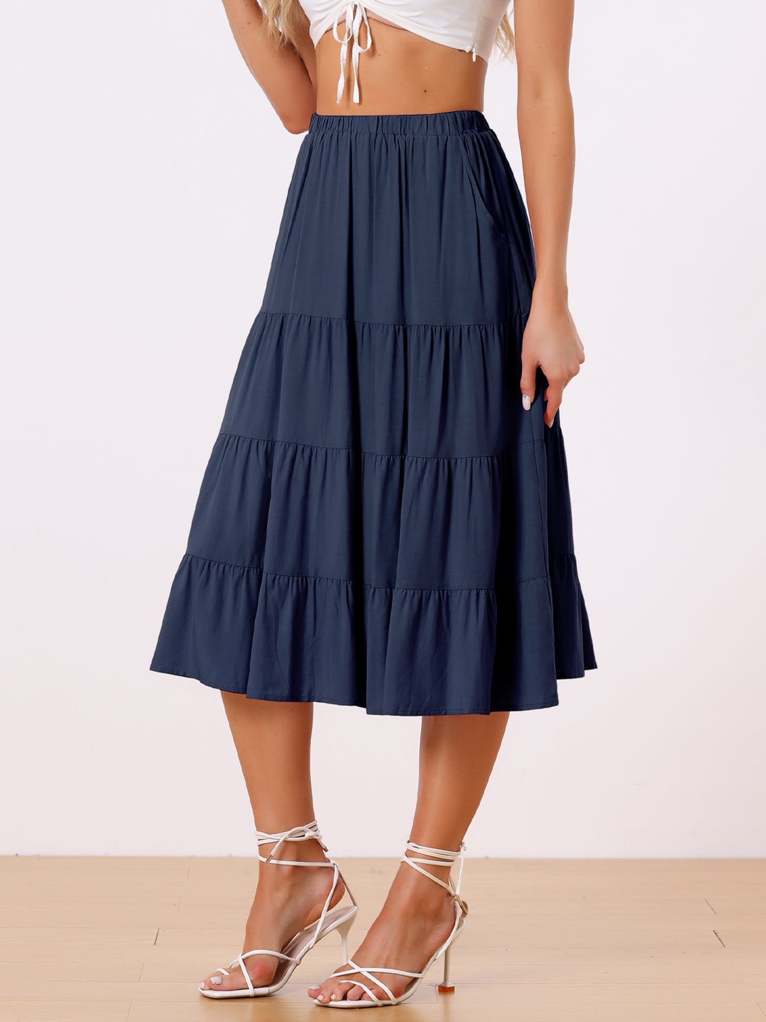 DARING DIVA Women's Flare Tiered Pleated Solid Elastic Waist A-Line Skirt S Navy