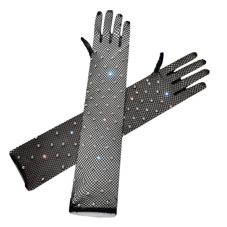 Mesh Rhinestones Gloves Black Long Stretch Fishnet Glitter Party Gloves for  Girl 