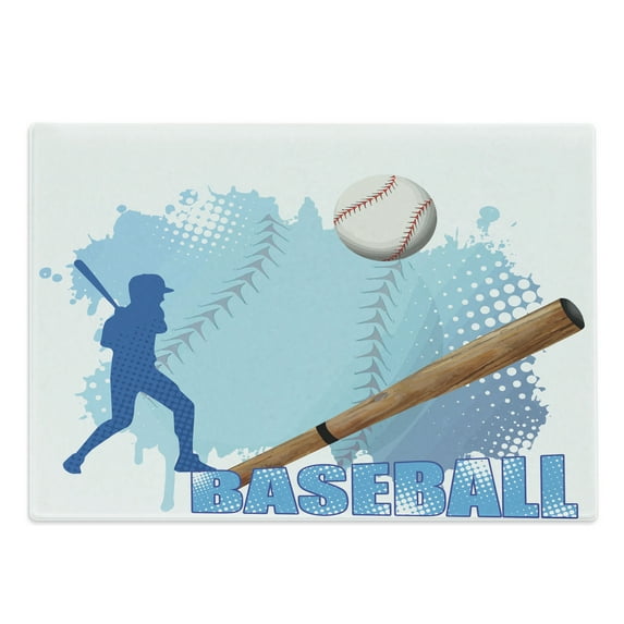 Baseball Cutting Board, Silhouette of a Baseball Player with Basic Game Kicking with Bat Sports, Decorative Tempered Glass Cutting and Serving Board, Large Size, Blue and White, by Ambesonne