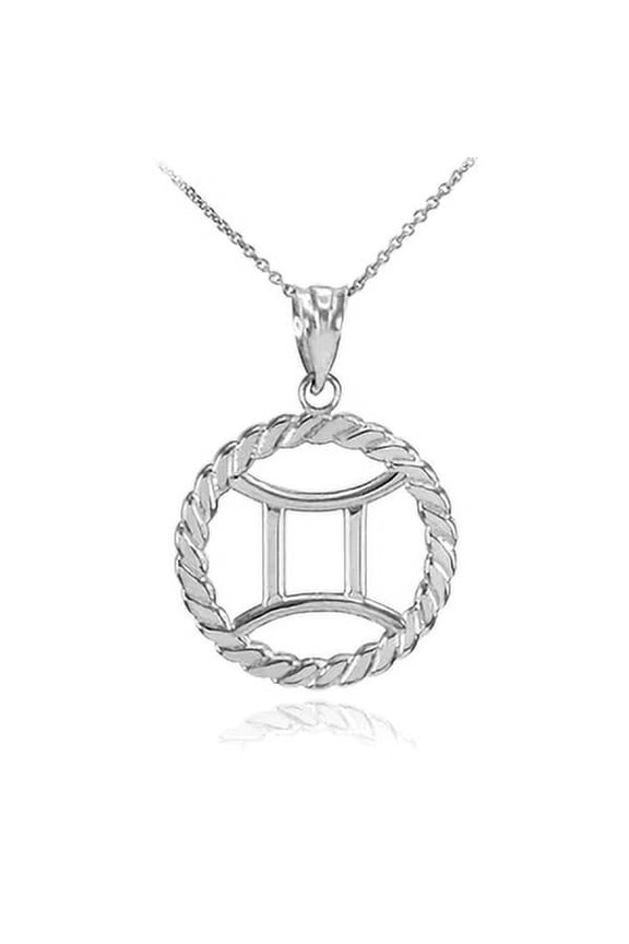 White Gold Gemini Zodiac Sign in Circle Rope Pendant Necklace