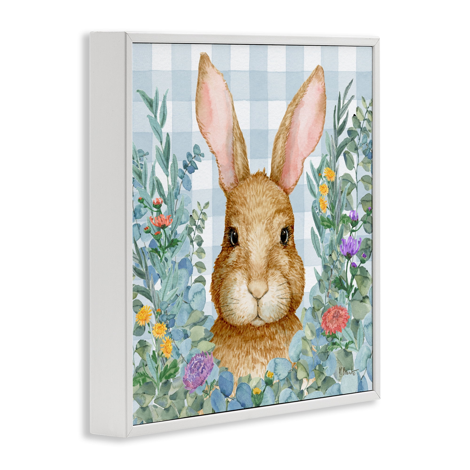 Stupell Industries Rabbit Laurel on Gingham White Framed Giclee Art, design by Paul Brent