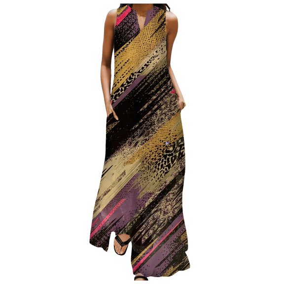 Women Summer Casual Sleeveless Print V Neck Maxi Loose Dress Boho Beach Long Sundress with Pockets Womens Dresses