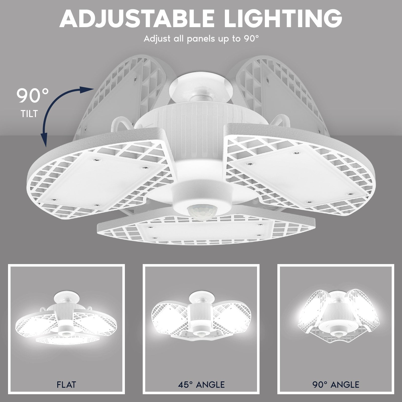 Luxrite LED Garage Light with Motion Sensor, 5000K, 80W, 8000LM, E26 Base, Deformable 3 Panel Lights 4590, ETL 2 Pack
