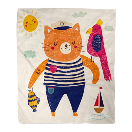 SIDONKU Throw Blanket Warm Cozy Print Flannel Colorful Cute Summer Elegant Childish Cat Sailor in Cartoon Sun Comfortable Soft for Bed Sofa and Couch 50x60 Inches
