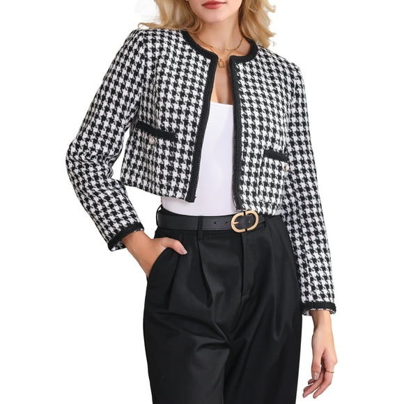 INSPIRE CHIC Womens Houndstooth Blazer Collarless Open Front Crop Plaid Tweed Jacket L Black White