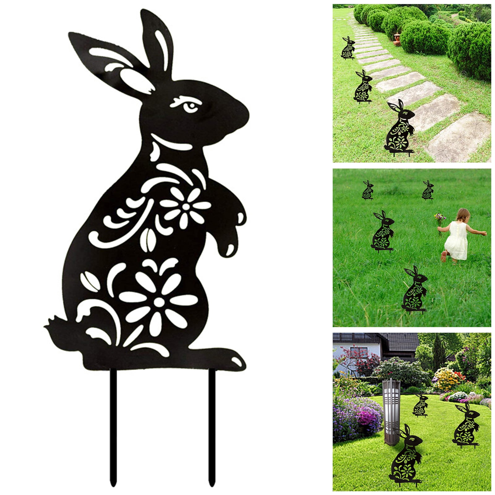 Bunny Rabbit Metal Silhouette Stake Cutout Garden Lawn Yard Decor Set of 3 