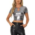 thumbnail image 1 of INSPIRE CHIC Crop Tops Metálicos para Mujeres con Manga Corta y Abertura para Fiesta de Halloween Top Brillante Holográfico XL Negro Plateado, 1 of 5