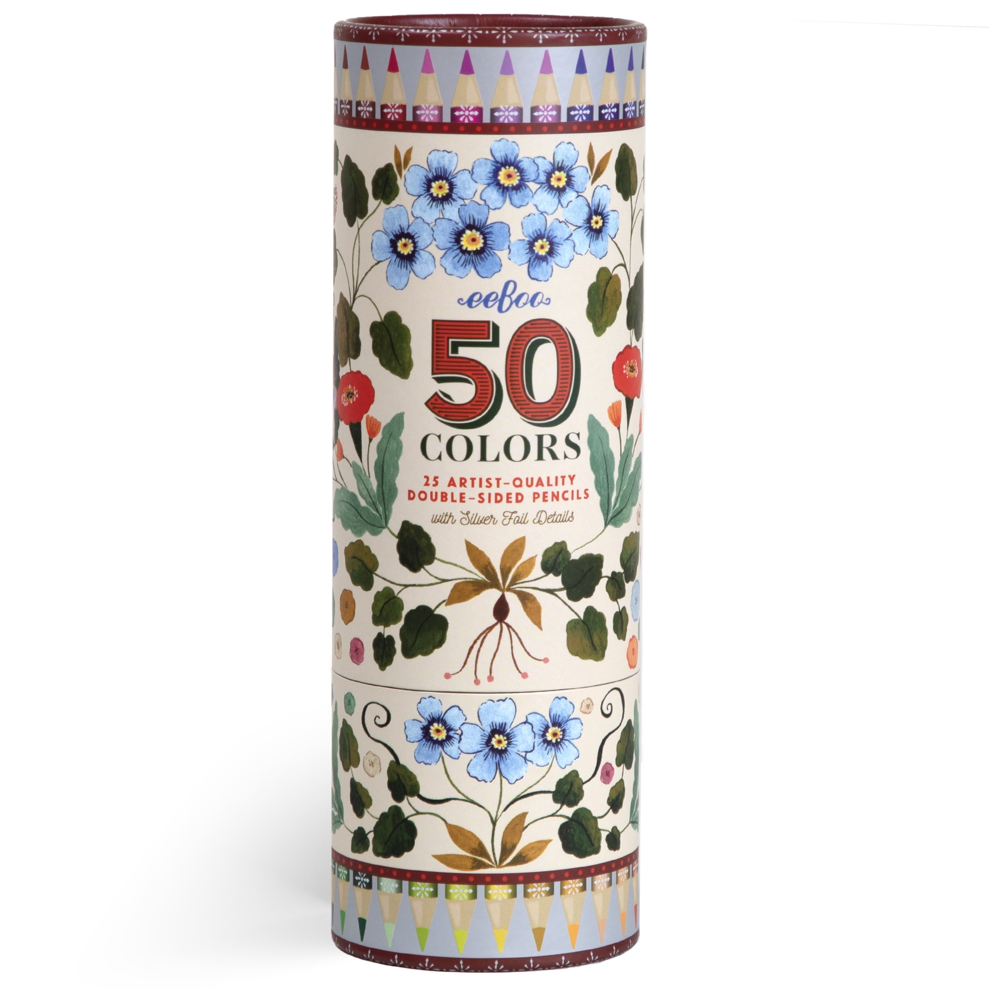 eeBoo Piece & Love: Double-Sided Colored Pencils - Flora's - 25pc - 50 Color Set, Silver Foil Design, Floral Storage Tube, Artist-Quality, Adults