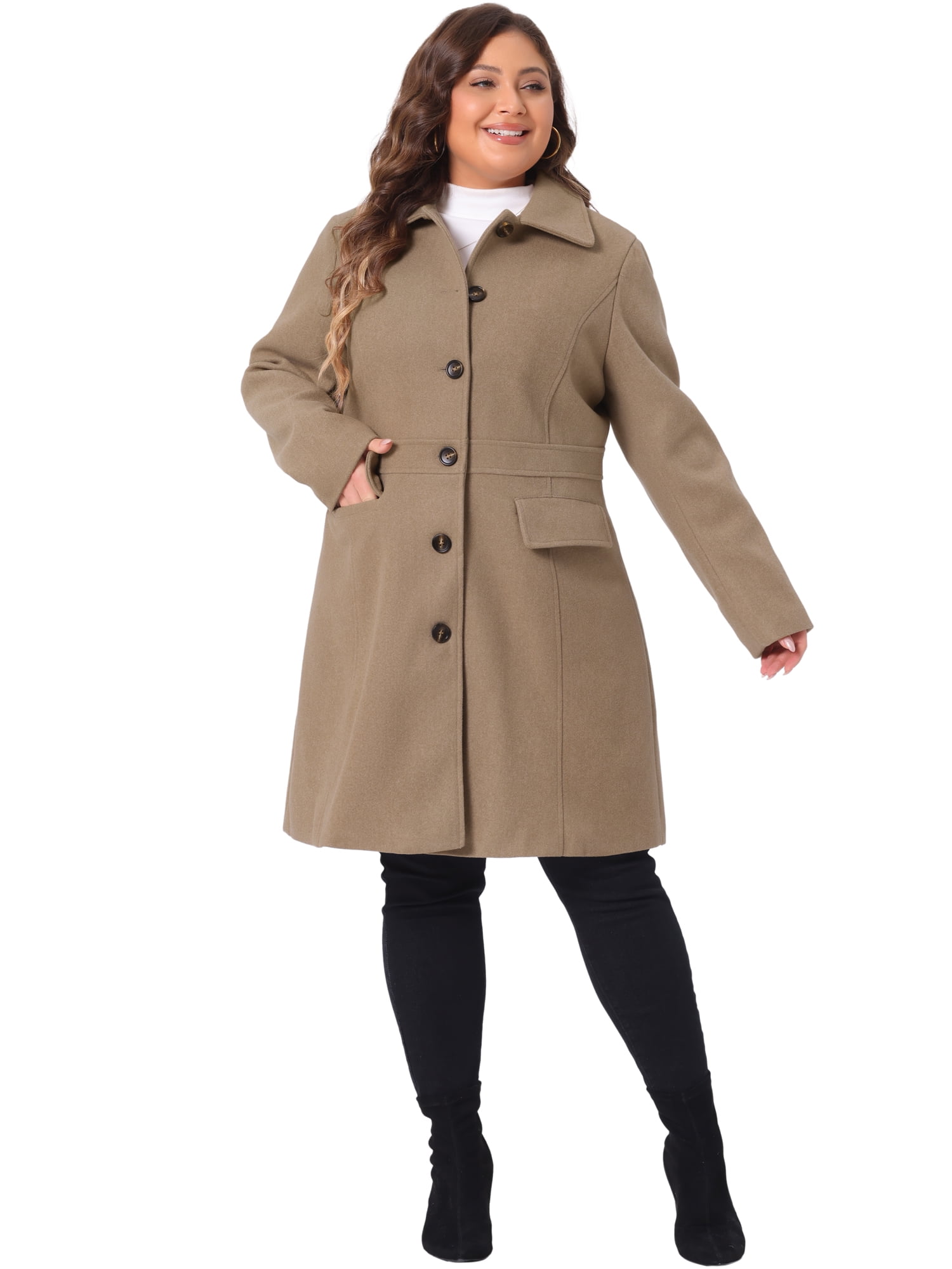 DARING DIVA Women's Plus Size Peter Pan Collar Single Breasted Coat 3X Light Brown
