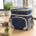 thumbnail image 5 of Insulated Picnic Cooler Bag, Navy Picnic Tote Bag, Two Layer Dual Compartment Lunch Bag with Shoulder Strap, Waterproof Reusable Soft Cooler, 10X7X11 Inch Oxford Square Bag with, 5 of 7