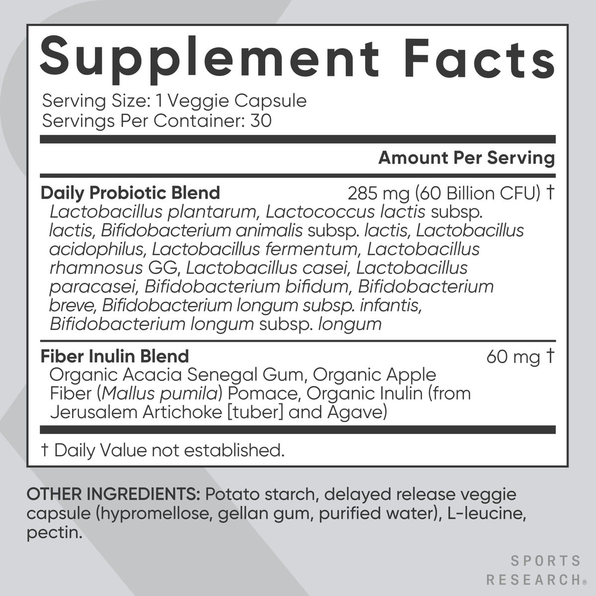 Sports Research® Daily Probiotics w/ Prebiotics 60 Billion CFU Vegan Gut & Digestive Health (30 Veggie Capsules)