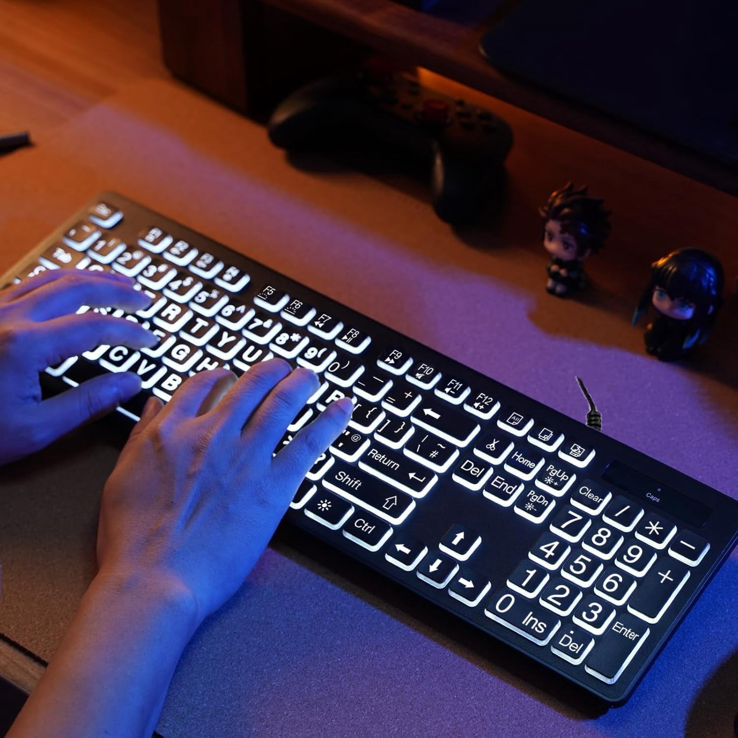 Large Print Backlit Keyboard for Mac – Full Size Wired Layout Computer Keyboard with White LED Backlight, USB A + C Plug-N-Play, Compatible with Mac Mini, iMac, MacBook Pro/Air