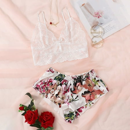 

Mishuowoti Satin Silk Pajamas Women Nightdress Lingerie Lace Underwear Sleepwear Printing