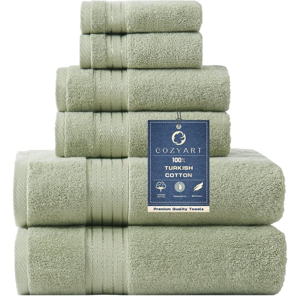 Juego de toallas COZYART de algodón turco verde salvia, 650 g/m², 6 piezas