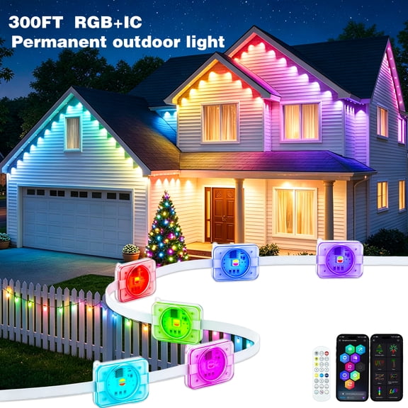 300FT RGB IC Permanent Outdoor String Lights IP67 Waterproof Eaves Roofline Lights, App & Remote, Music Sync, MyDIY Timer, Easy Install for Patio,Garden, Deck,Holiday & Large Property Decor