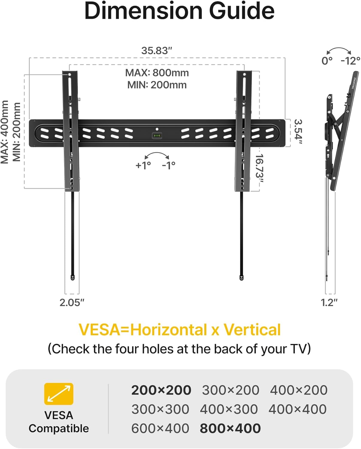 monTEK Ultra Slim Tilting TV Wall Mount Bracket for 43–95" Flat & Curved TVs – 1.2" Low Profile, Anti-Glare Tilt, Holds 150 lbs, Supports VESA 800x400, Fits 16"/18"/24"/32" Studs