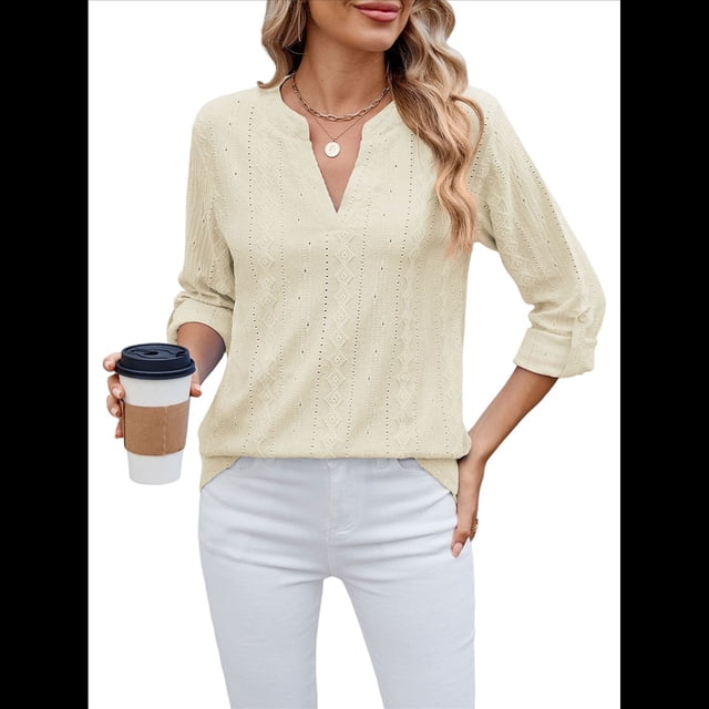 Blusas Casuales con Cuello en V y Ojales Bordados para Mujer, Blusas Playeras Elegantes. Albaricoque S