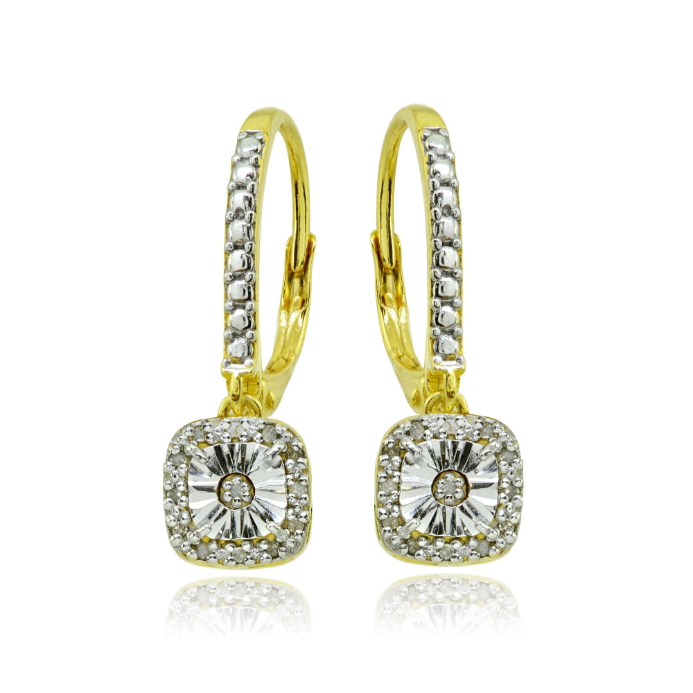 Square Cushion Diamond Gold Flash Sterling Silver Leverback Earrings, JK-I3