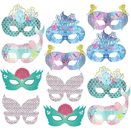 Mermaid Paper Masks 12pcs, Under the Sea Theme Party Favors for Birthday Celebration Decorations